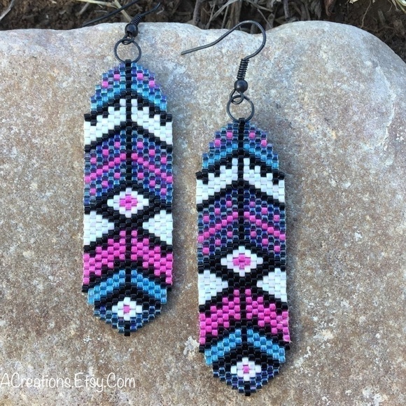 Southwest Feathers Beaded Earrings, New, Handmade by Me - Picture 3 of 10